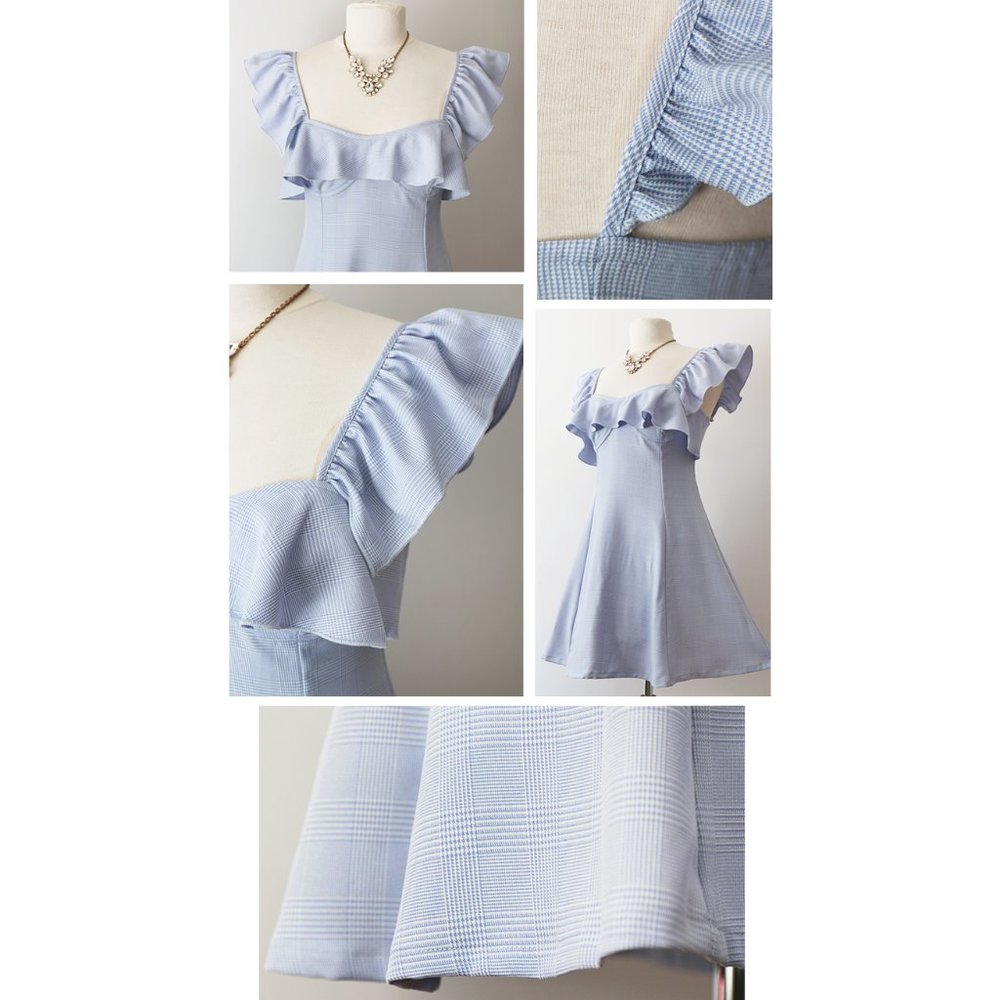 Light Blue Plaid Ruffle Sweetheart Fit Flare Dress - Picture 5 of 8
